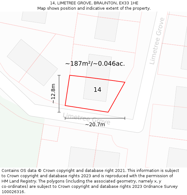 14, LIMETREE GROVE, BRAUNTON, EX33 1HE: Plot and title map