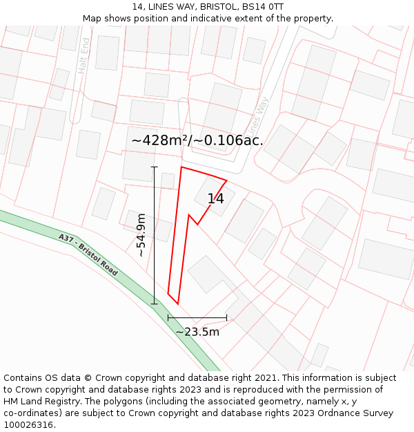 14, LINES WAY, BRISTOL, BS14 0TT: Plot and title map