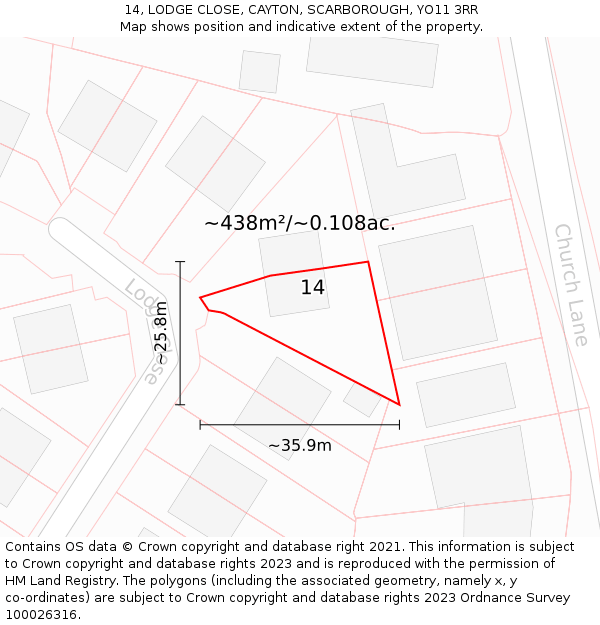 14, LODGE CLOSE, CAYTON, SCARBOROUGH, YO11 3RR: Plot and title map