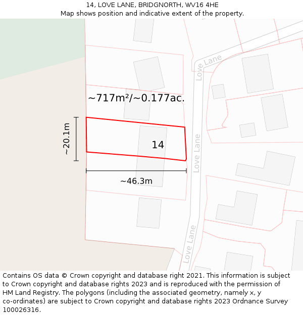 14, LOVE LANE, BRIDGNORTH, WV16 4HE: Plot and title map