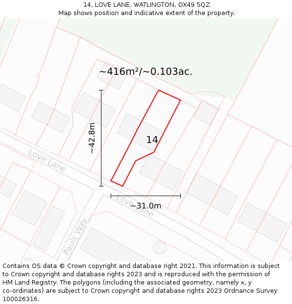 14, LOVE LANE, WATLINGTON, OX49 5QZ: Plot and title map