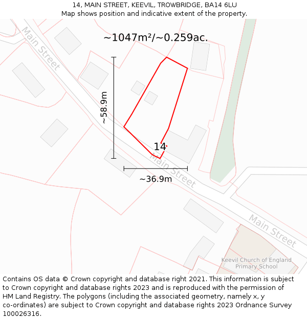 14, MAIN STREET, KEEVIL, TROWBRIDGE, BA14 6LU: Plot and title map