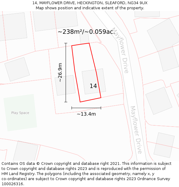 14, MAYFLOWER DRIVE, HECKINGTON, SLEAFORD, NG34 9UX: Plot and title map