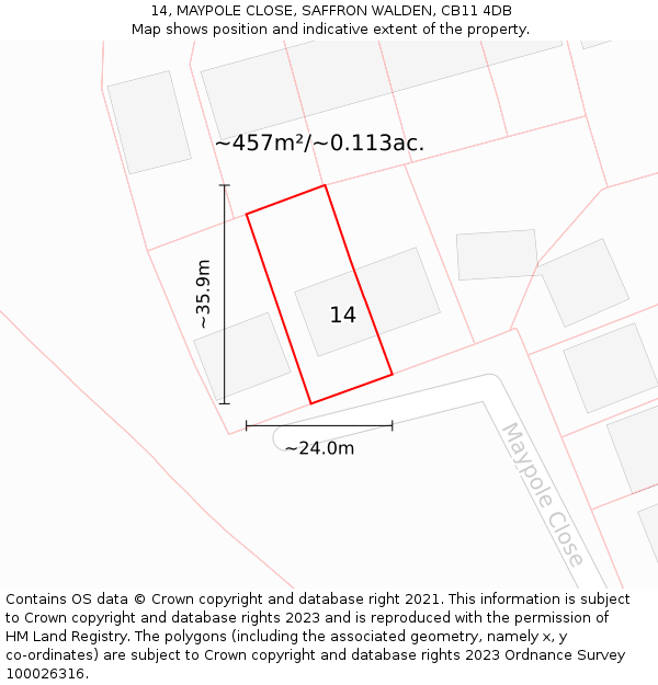 14, MAYPOLE CLOSE, SAFFRON WALDEN, CB11 4DB: Plot and title map