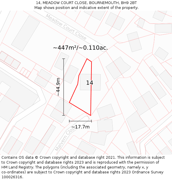 14, MEADOW COURT CLOSE, BOURNEMOUTH, BH9 2BT: Plot and title map