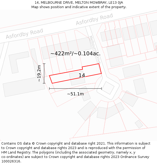 14, MELBOURNE DRIVE, MELTON MOWBRAY, LE13 0JA: Plot and title map