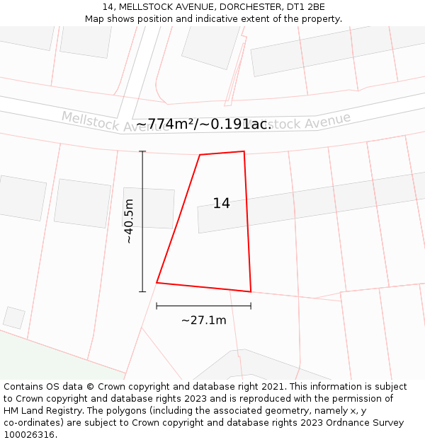 14, MELLSTOCK AVENUE, DORCHESTER, DT1 2BE: Plot and title map