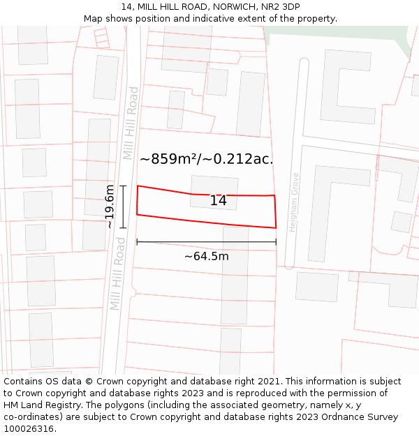 14, MILL HILL ROAD, NORWICH, NR2 3DP: Plot and title map