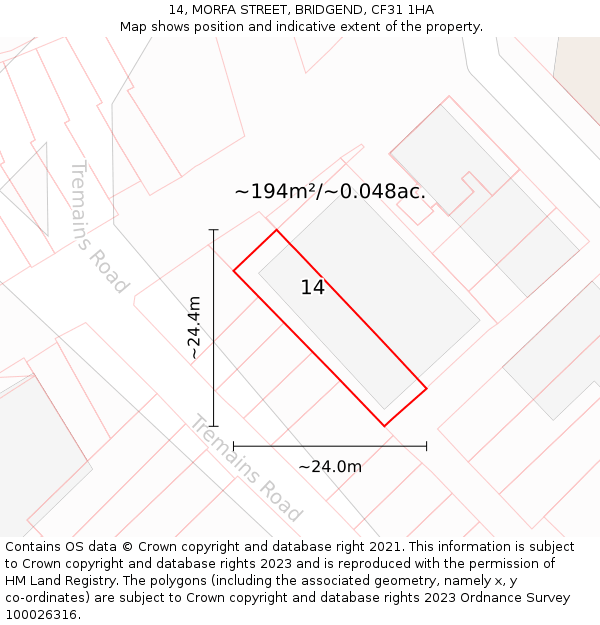 14, MORFA STREET, BRIDGEND, CF31 1HA: Plot and title map