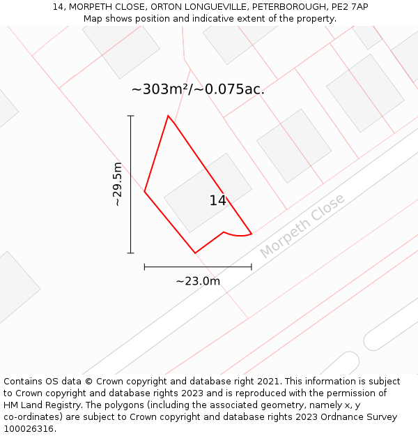 14, MORPETH CLOSE, ORTON LONGUEVILLE, PETERBOROUGH, PE2 7AP: Plot and title map