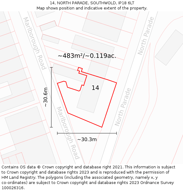 14, NORTH PARADE, SOUTHWOLD, IP18 6LT: Plot and title map