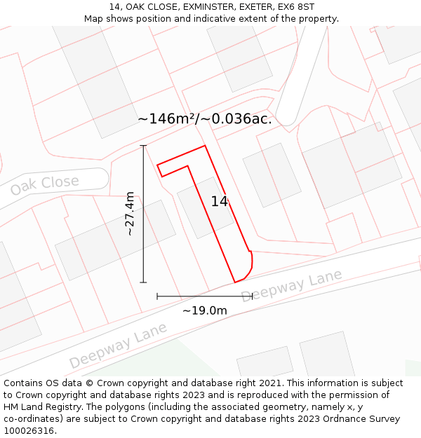 14, OAK CLOSE, EXMINSTER, EXETER, EX6 8ST: Plot and title map