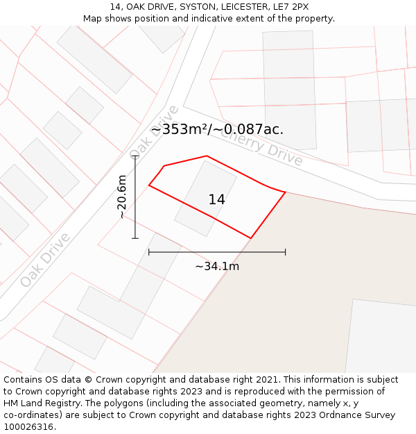 14, OAK DRIVE, SYSTON, LEICESTER, LE7 2PX: Plot and title map