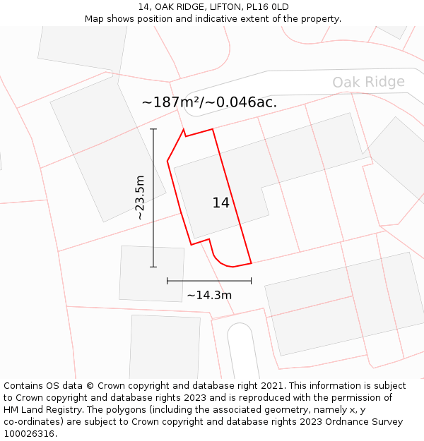 14, OAK RIDGE, LIFTON, PL16 0LD: Plot and title map