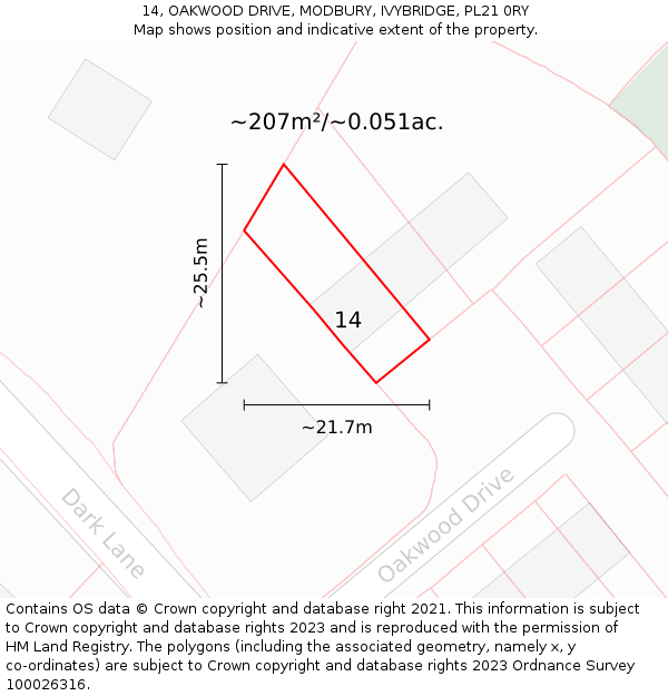 14, OAKWOOD DRIVE, MODBURY, IVYBRIDGE, PL21 0RY: Plot and title map