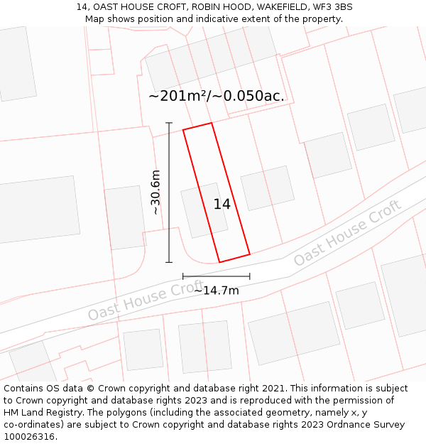 14, OAST HOUSE CROFT, ROBIN HOOD, WAKEFIELD, WF3 3BS: Plot and title map