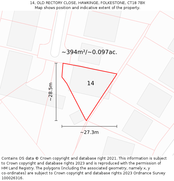 14, OLD RECTORY CLOSE, HAWKINGE, FOLKESTONE, CT18 7BX: Plot and title map