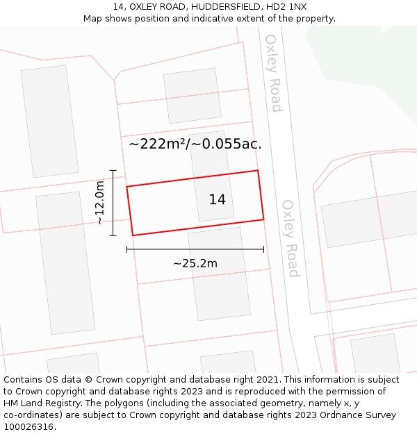 14, OXLEY ROAD, HUDDERSFIELD, HD2 1NX: Plot and title map