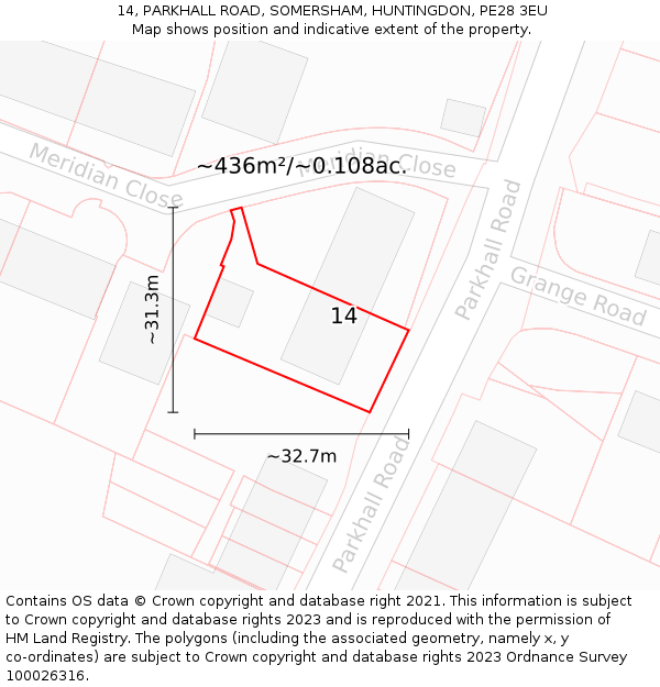 14, PARKHALL ROAD, SOMERSHAM, HUNTINGDON, PE28 3EU: Plot and title map