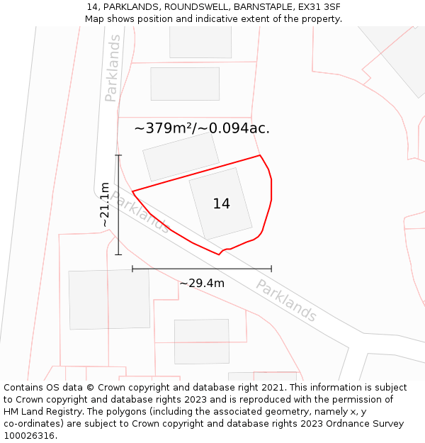 14, PARKLANDS, ROUNDSWELL, BARNSTAPLE, EX31 3SF: Plot and title map