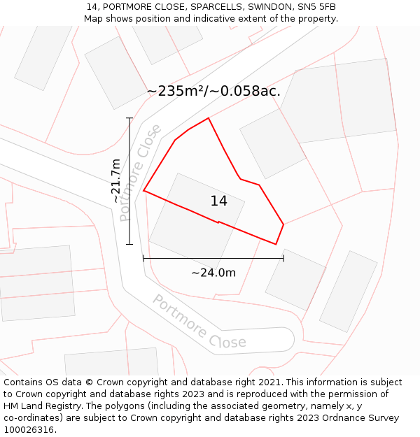 14, PORTMORE CLOSE, SPARCELLS, SWINDON, SN5 5FB: Plot and title map