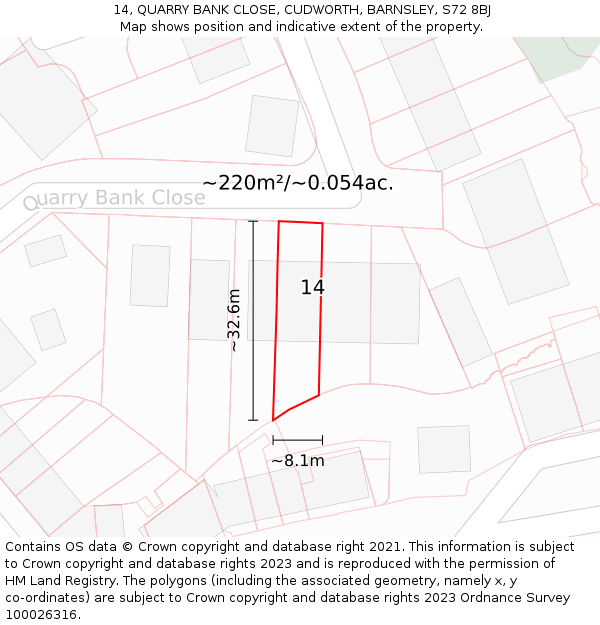 14, QUARRY BANK CLOSE, CUDWORTH, BARNSLEY, S72 8BJ: Plot and title map