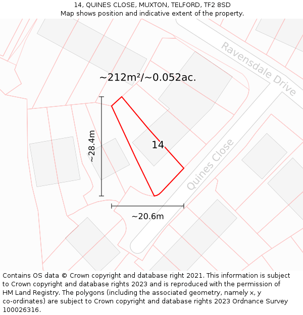 14, QUINES CLOSE, MUXTON, TELFORD, TF2 8SD: Plot and title map