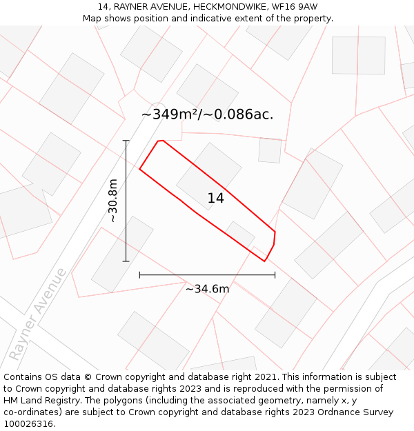 14, RAYNER AVENUE, HECKMONDWIKE, WF16 9AW: Plot and title map