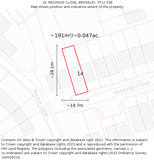 14, RIDDINGS CLOSE, BROSELEY, TF12 5SE: Plot and title map