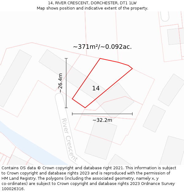 14, RIVER CRESCENT, DORCHESTER, DT1 1LW: Plot and title map