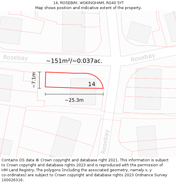 14, ROSEBAY, WOKINGHAM, RG40 5YT: Plot and title map