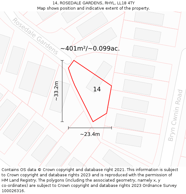 14, ROSEDALE GARDENS, RHYL, LL18 4TY: Plot and title map