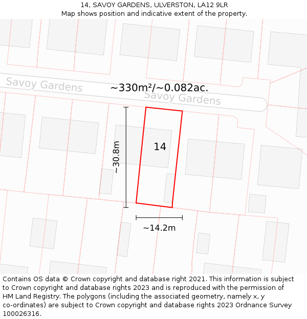 14, SAVOY GARDENS, ULVERSTON, LA12 9LR: Plot and title map