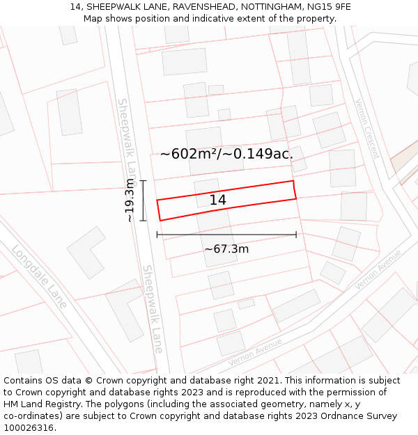 14, SHEEPWALK LANE, RAVENSHEAD, NOTTINGHAM, NG15 9FE: Plot and title map