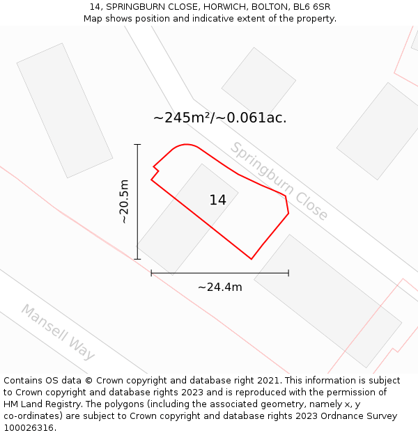 14, SPRINGBURN CLOSE, HORWICH, BOLTON, BL6 6SR: Plot and title map