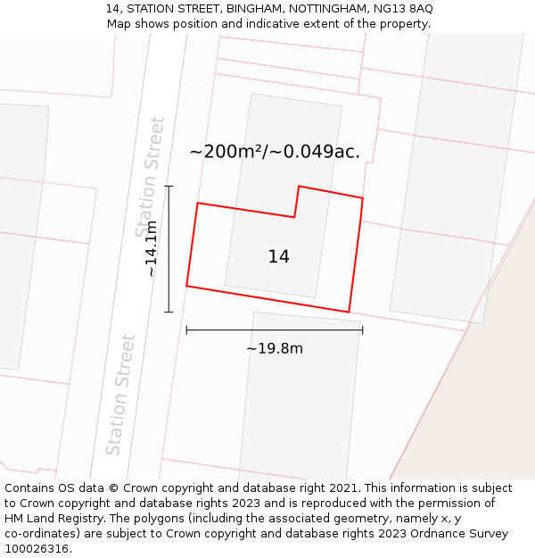 14, STATION STREET, BINGHAM, NOTTINGHAM, NG13 8AQ: Plot and title map