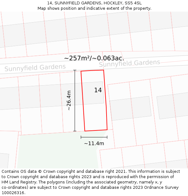 14, SUNNYFIELD GARDENS, HOCKLEY, SS5 4SL: Plot and title map