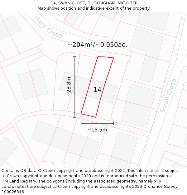 14, SWAN CLOSE, BUCKINGHAM, MK18 7EP: Plot and title map