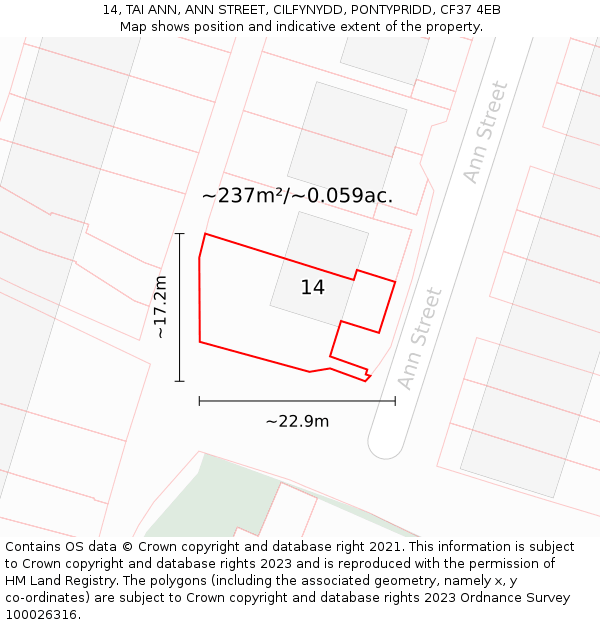 14, TAI ANN, ANN STREET, CILFYNYDD, PONTYPRIDD, CF37 4EB: Plot and title map