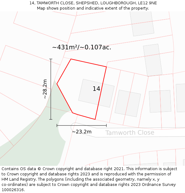 14, TAMWORTH CLOSE, SHEPSHED, LOUGHBOROUGH, LE12 9NE: Plot and title map