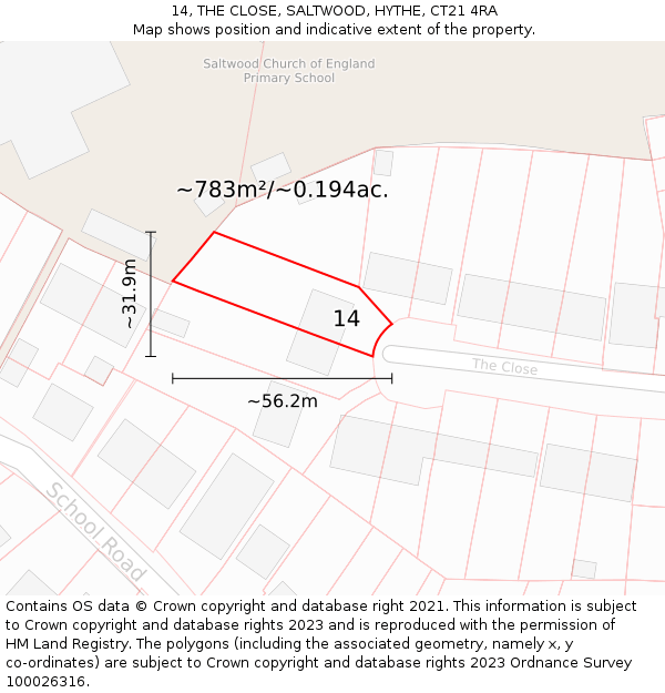 14, THE CLOSE, SALTWOOD, HYTHE, CT21 4RA: Plot and title map