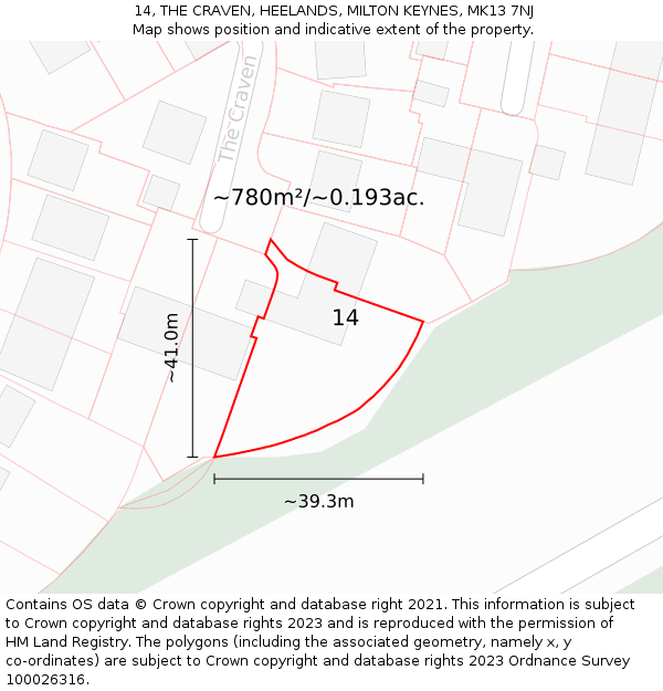 14, THE CRAVEN, HEELANDS, MILTON KEYNES, MK13 7NJ: Plot and title map