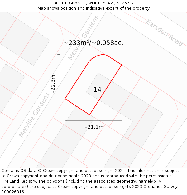 14, THE GRANGE, WHITLEY BAY, NE25 9NF: Plot and title map