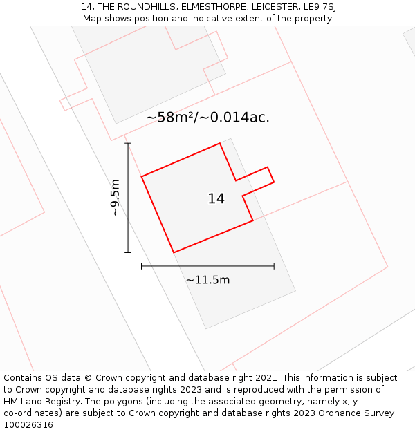 14, THE ROUNDHILLS, ELMESTHORPE, LEICESTER, LE9 7SJ: Plot and title map