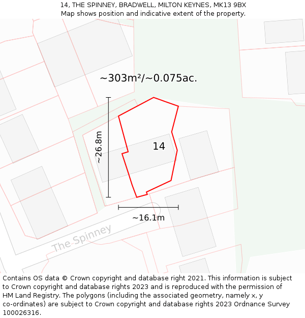 14, THE SPINNEY, BRADWELL, MILTON KEYNES, MK13 9BX: Plot and title map