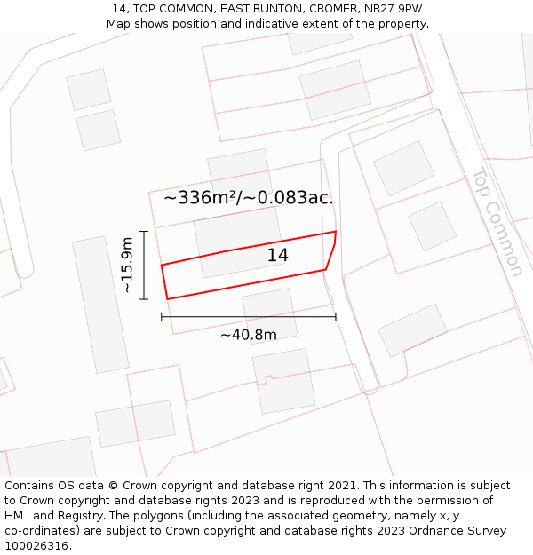 14, TOP COMMON, EAST RUNTON, CROMER, NR27 9PW: Plot and title map