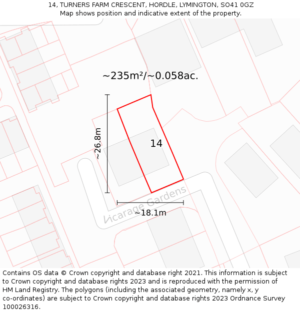 14, TURNERS FARM CRESCENT, HORDLE, LYMINGTON, SO41 0GZ: Plot and title map