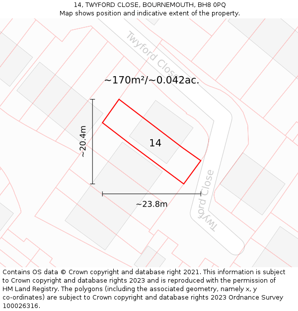 14, TWYFORD CLOSE, BOURNEMOUTH, BH8 0PQ: Plot and title map