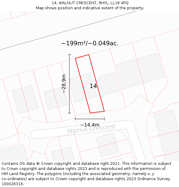 14, WALNUT CRESCENT, RHYL, LL18 4PQ: Plot and title map