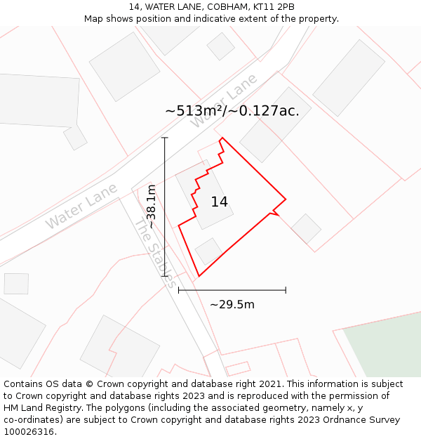 14, WATER LANE, COBHAM, KT11 2PB: Plot and title map